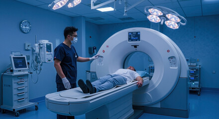 Radiographer preparing male patient for CT scan in modern hospital. Advanced medical imaging and diagnostic technology. Healthcare and patient care concept