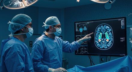Two surgeons analyzing brain scan on monitor in operating room. Neurosurgeons planning complex procedure. Advanced medical technology in healthcare