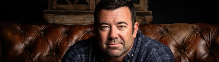 Fototapeta premium Close-up portrait of a middle-aged man with dark hair and beard sitting on a vintage leather sofa in a cozy rustic room with warm lighting