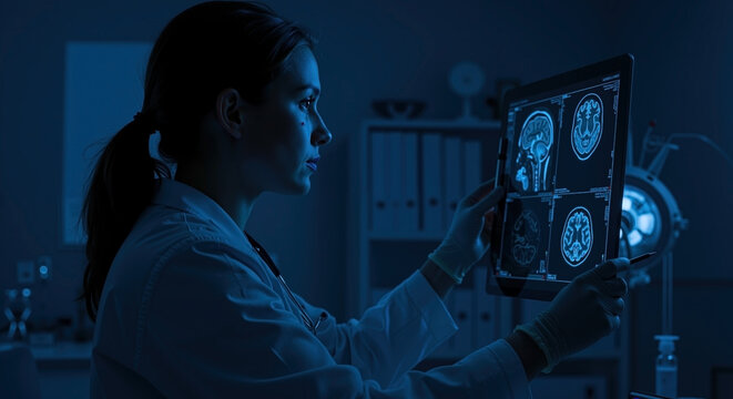 Female doctor analyzing brain scan on digital tablet. Neurologist examining MRI results in dark laboratory. Healthcare technology and medical diagnosis concept