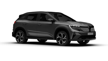 A 3D render of a hybrid grey C-SUV showcasing its front right side on a transparent background, highlighting sleek design and modern eco-friendly features.