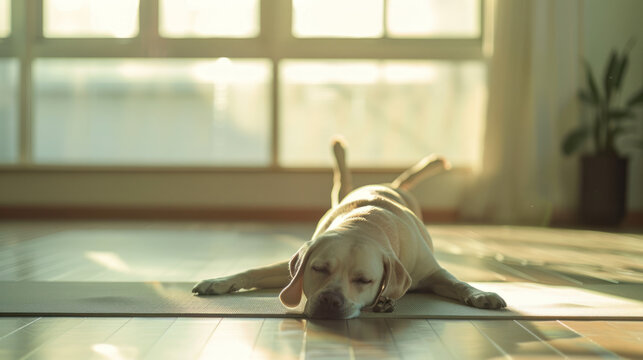 Relaxed Dog Sleeping on Yoga Mat in Sunlight
