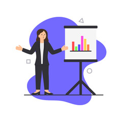 Flat Illustration of a Businesswoman Giving a Presentation with Charts. Suitable for Business, Education, Leadership, Seminars, and Corporate Use.