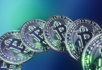 Row of shiny metallic Bitcoin coins floating diagonally in space with a glowing blue-green gradient background. Ideal for finance, cryptocurrency, blockchain, and digital economy concepts.