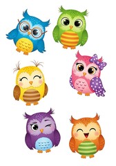 Colorful Cartoon Owls - A Whimsical Collection of Cute Bird Illustrations.