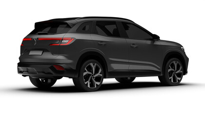 A 3D render of a hybrid grey C-SUV displaying its rear right side on a transparent background, emphasizing sleek lines and eco-friendly design elements