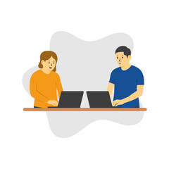 Flat Illustration of a Man and Woman Working Side by Side with Their Black Laptops. Perfect for Office, Collaboration, Business, and Co-Working.