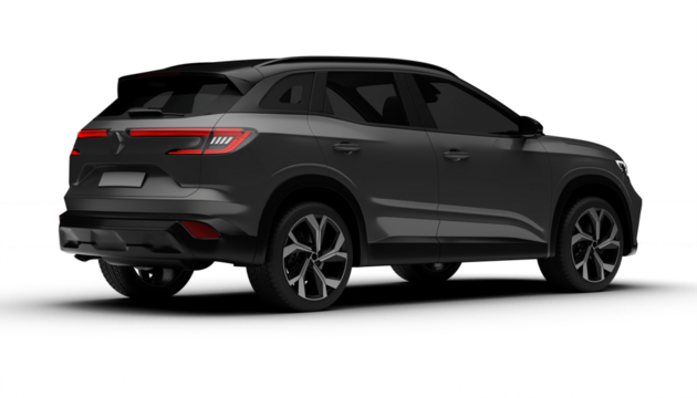 A 3D render of a hybrid grey C-SUV displaying its rear right side on a transparent background, emphasizing sleek lines and eco-friendly design elements