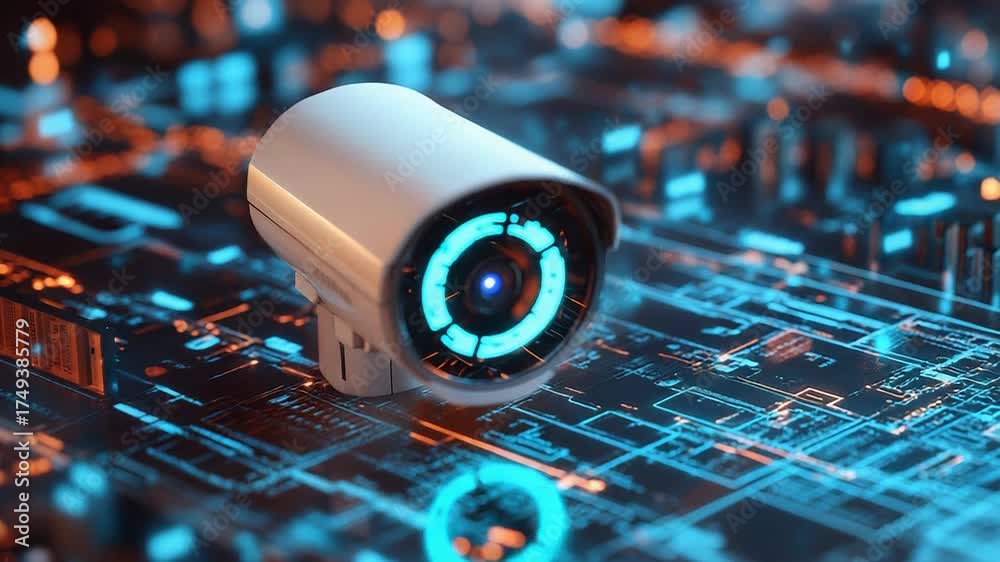 Wall mural security camera monitoring digital system on circuit board