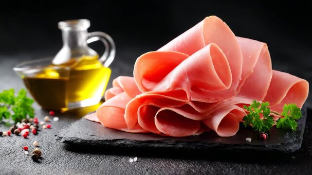 Sliced deli meat arranged on a black stone plate with olive oil and spices ready for serving at a culinary event