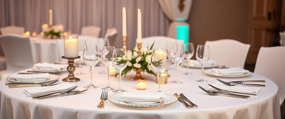 Fototapeta premium Elegant white tablecloth, silverware, candles, centerpiece, celebration, texture