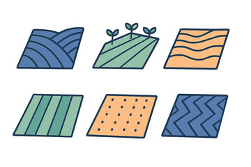 Six stylized agricultural land plots showing various farming patterns and terrain types for cultivation