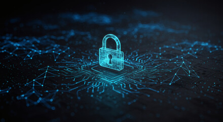 Futuristic cybersecurity concept with a glowing blue digital padlock icon symbolizing data protection and internet security on a network background