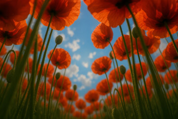 Obraz premium Red poppy flowers blooming against blue sky with sunlight low angle view vibrant floral landscape background
