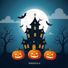 Eerie Halloween Night - Haunted House, Pumpkins, and Bats.