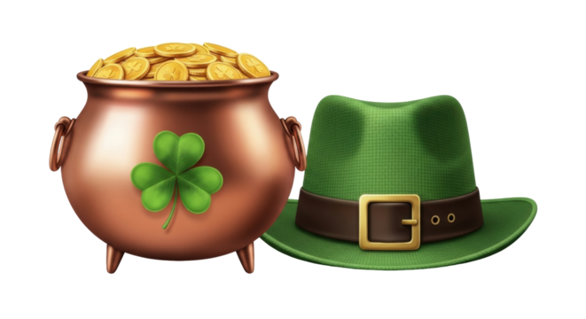 Isolated Pot of Gold and Green Leprechaun Hat for St. Patrick's Day Celebration