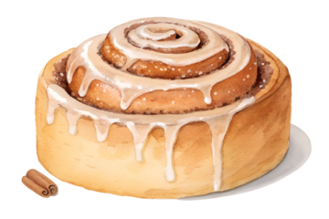 Watercolor cinnamon roll swirl pastry with sugar glaze, hand painted sweet bakery dessert illustration. Soft round bun with warm cozy icing, isolated vector for café menu, breakfast design, or autumn 