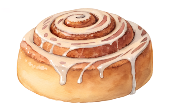 Watercolor cinnamon roll swirl pastry with sugar glaze, hand painted sweet bakery dessert illustration. Soft round bun with warm cozy icing, isolated vector for café menu, breakfast design, or autumn