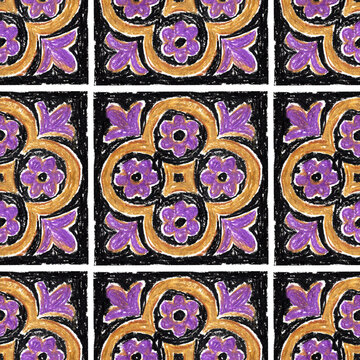 Seamless pastel ornamental pattern. Hand-drawn vintage tile design in black, gold, and purple. Textured oil pastel background for decor and fabric.
