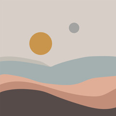 Abstract landscape with sun, moon, and hills in pastel colors isolated on white background