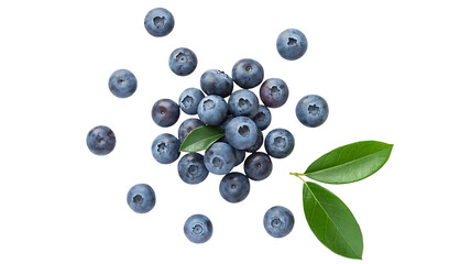 Overhead shot of fresh blueberries with green leaves isolated on transparent background, top view