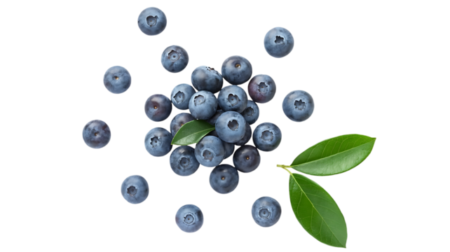 Overhead shot of fresh blueberries with green leaves isolated on transparent background, top view