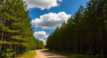 Scenic Road Through a Lush Green Forest Under a Cloudy Sky.