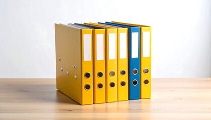 A neat row of colorful ring binders stands on a wooden surface against a white background. The vibrant binders are ready for organization