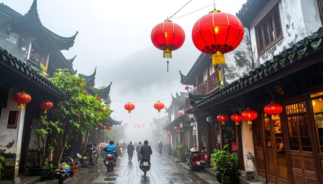 A misty, historical street scene in a traditional Asian town with lanterns and buildings. People stroll past with motorcycles