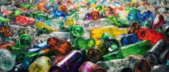 Wide view of colorful glass bottles in various shades and sizes scattered on surface creating vibrant textured background