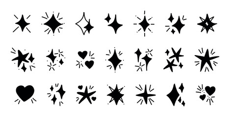 Bold black hand drawn doodle sparkles stars hearts graphic clipart children design, hand drawn style vector set whimsical elements isolated minimal decoration sketch icon flat monochrome shapes