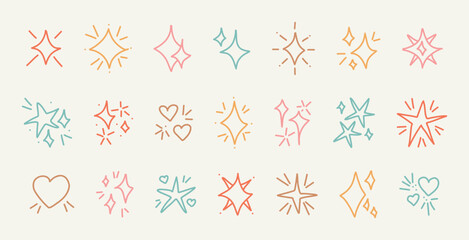 Cute hand drawn sparkle doodle icons in pastel tones on white background with stars hearts and shiny bursts for children design scrapbooking kawaii sticker element planner girly fun illustrations