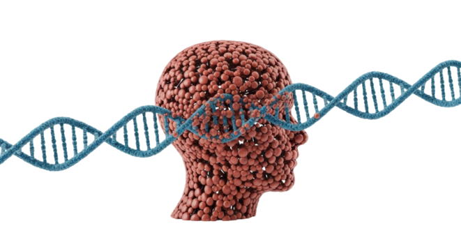 Isolated Head with DNA strand, genetic code concept, brain power, science and medicine idea