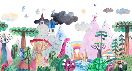 Fairy-tale landscape. Image with mountains, fairy castles, exotic animals, plants. Watercolor illustration. Seamless pattern.