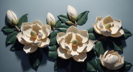 Beautiful soft focus floral arrangement featuring light cream and peach roses with green leaves
