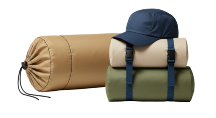Isolated set of camping gear comprising a sleeping bag, pad, and cap for outdoor trips
