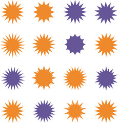 Starburst Silhouette Set — orange and purple burst shapes pattern on white background, simple geometric sun design, abstract flat vector icon collection, modern decorative minimal art