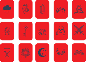 Tarot card silhouette set with moon, sun, snake, skull and wings symbols on red background