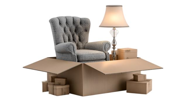 Armchair and lamp in moving boxes isolated on transparent background