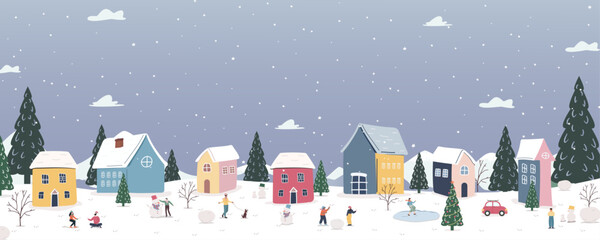 Winter celebration scene with playful snow activities in a charming village. Vector illustration