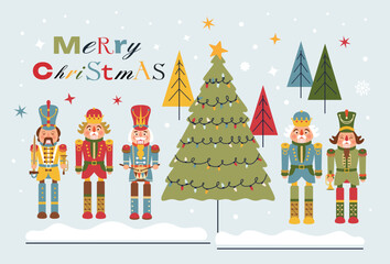 Christmas illustration card with Nutcrackers on a background New year illustration.