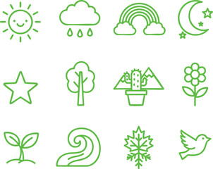 Silhouette set of green nature icons with sun, moon, tree, flower, leaf, bird, and wave on white background