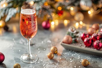 Sparkling drink on a festive table decorated with ornaments and holiday lights during a winter celebration