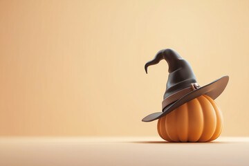  A witch hat on Halloween pumpkin on orange background. Free space for message.	