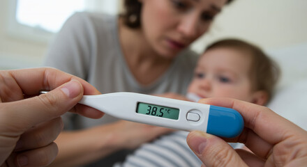 Mother checking temperature of sick baby in bedroom with concern  