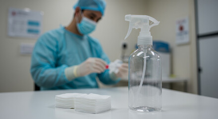 Fototapeta premium Healthcare professional preparing materials with sanitizing spray bottle 