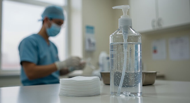 Medical professional preparing instruments with hand sanitizer in clinic   - Powered by Adobe