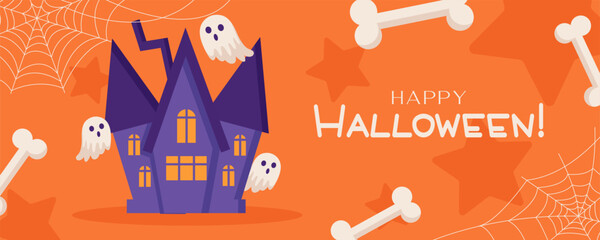 Horizontal orange Halloween banner with text and a castle