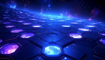 Vibrant digital grid, glowing hexagons, cosmic nebula, high-tech backdrop.
