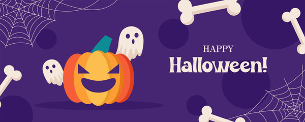 horizontal banner with pumpkin and ghosts